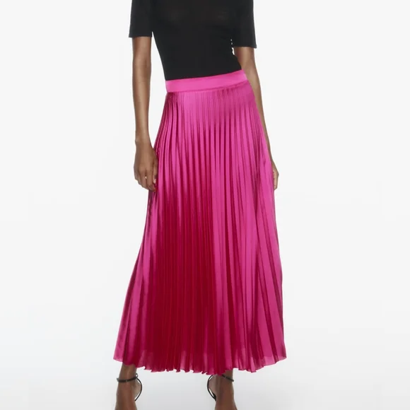 ZARA SATIN EFFECT PLEATED MIDI SKIRT FUCHSIA PINK M L NWT elastic waist - Picture 5 of 9